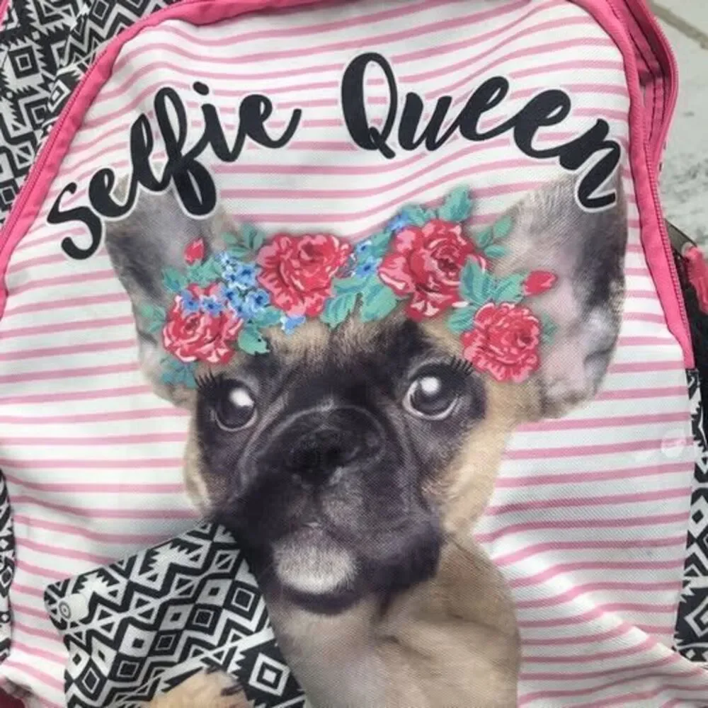 Selfie Queen -Queen Pug pink striped Backpack School Bag Book Bag